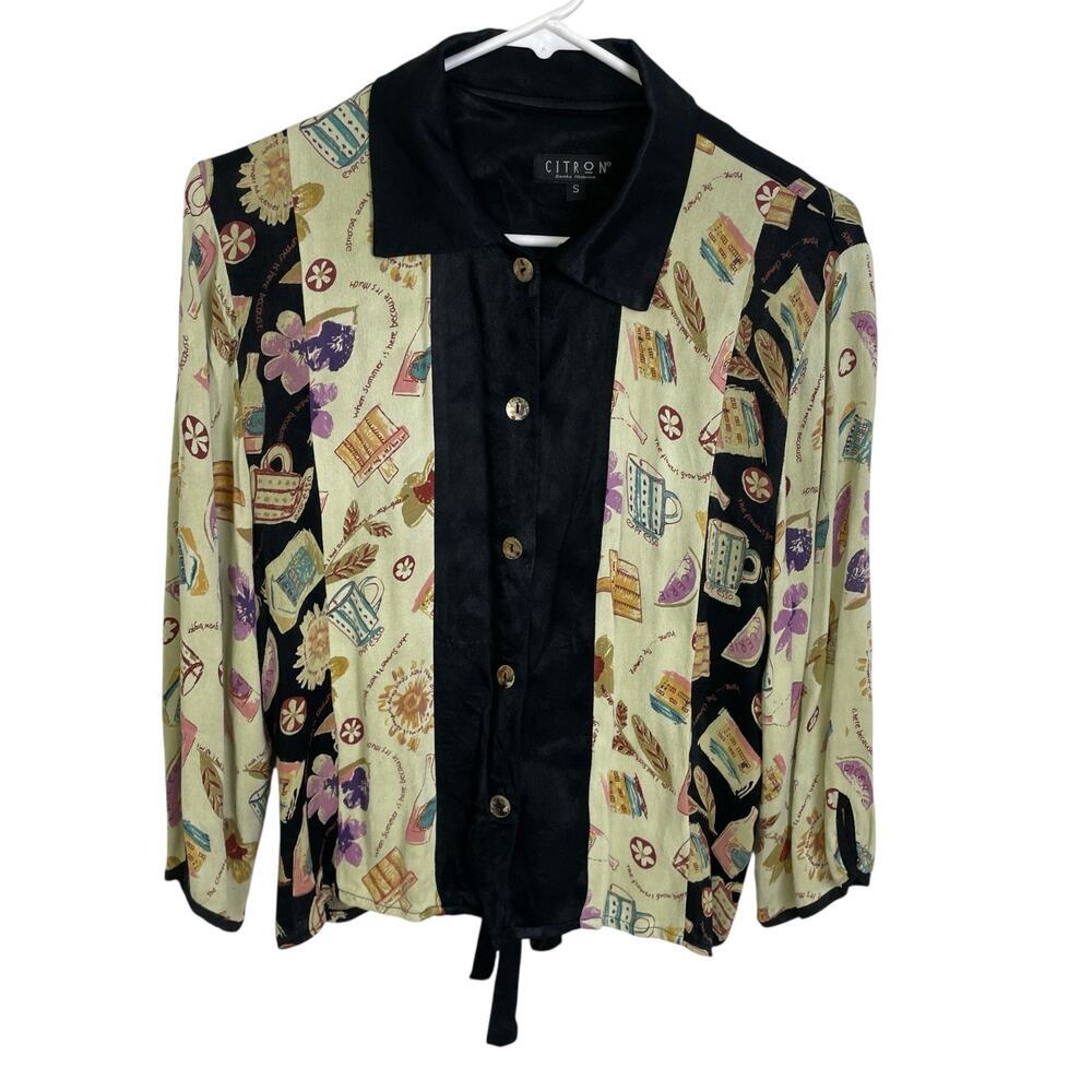Citron Santa Monica Top Small Womens Black Button Up Blouse Silk Blend Tie Back